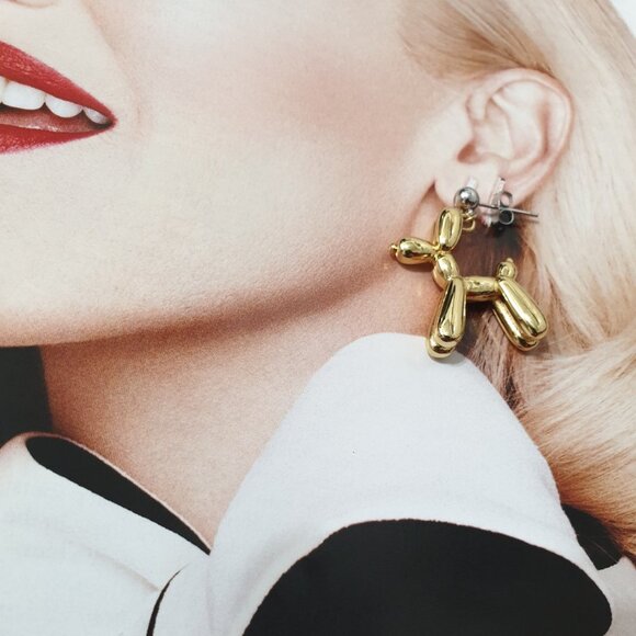 Gold Metal Balloon Dog Dangle Earrings Women Fashion Jewelry Accessory Gift - Picture 1 of 5